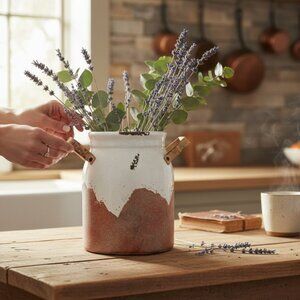 Farmhouse Milk Can Style Ceramic Planter Rustic Distressed Pot w/ Metal Handles